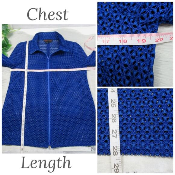 NINA MCLEMORE Blue Floral Eyelet Zip Front Sheer Jacket Women’s Size Small - Picture 12 of 13